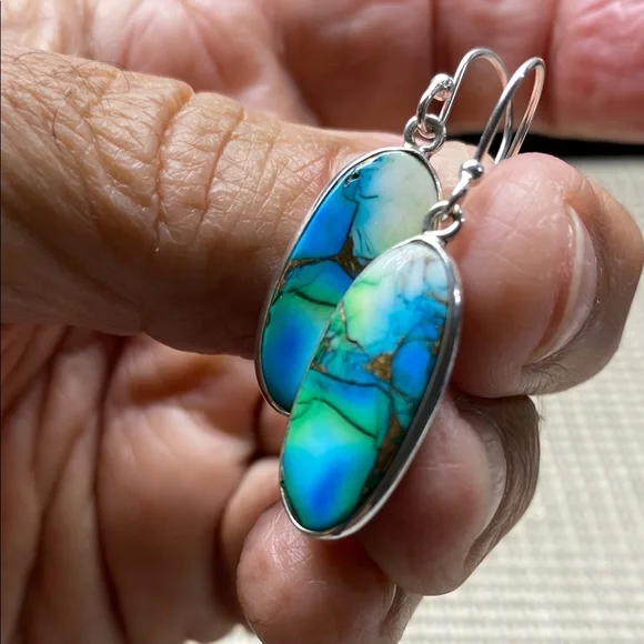 PEACOCK DAHLIA TURQUOISE EARRINGS In Solid Sterling Silver 925 - Picture 4 of 6